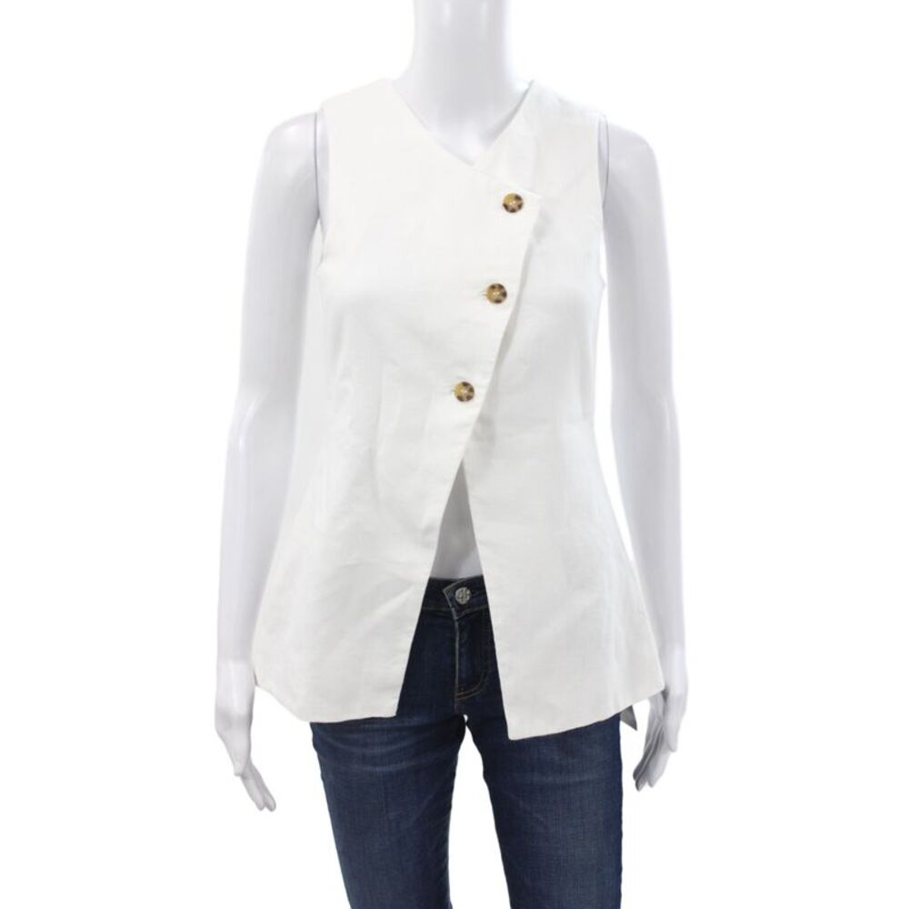 Posse Womens Linen V-Neck Sleeveless Vest White Button Minimalist Size 2XS